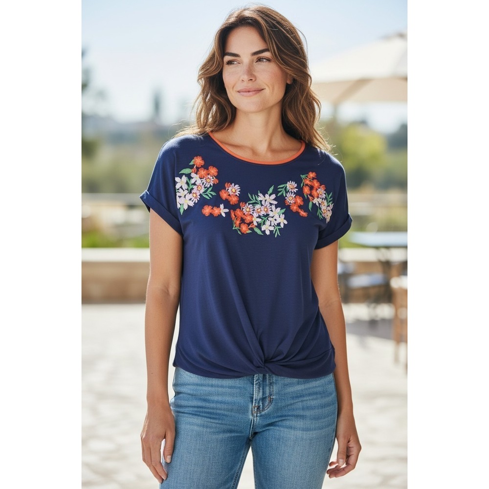 W5 Womens Navy Blue Floral Embroidered Twist Front Top S